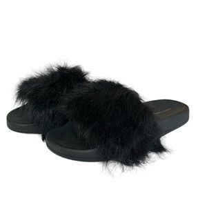 French Connection Long Faux Fur Slider Slides Slip On Sandals in‎ Cruz Black 8